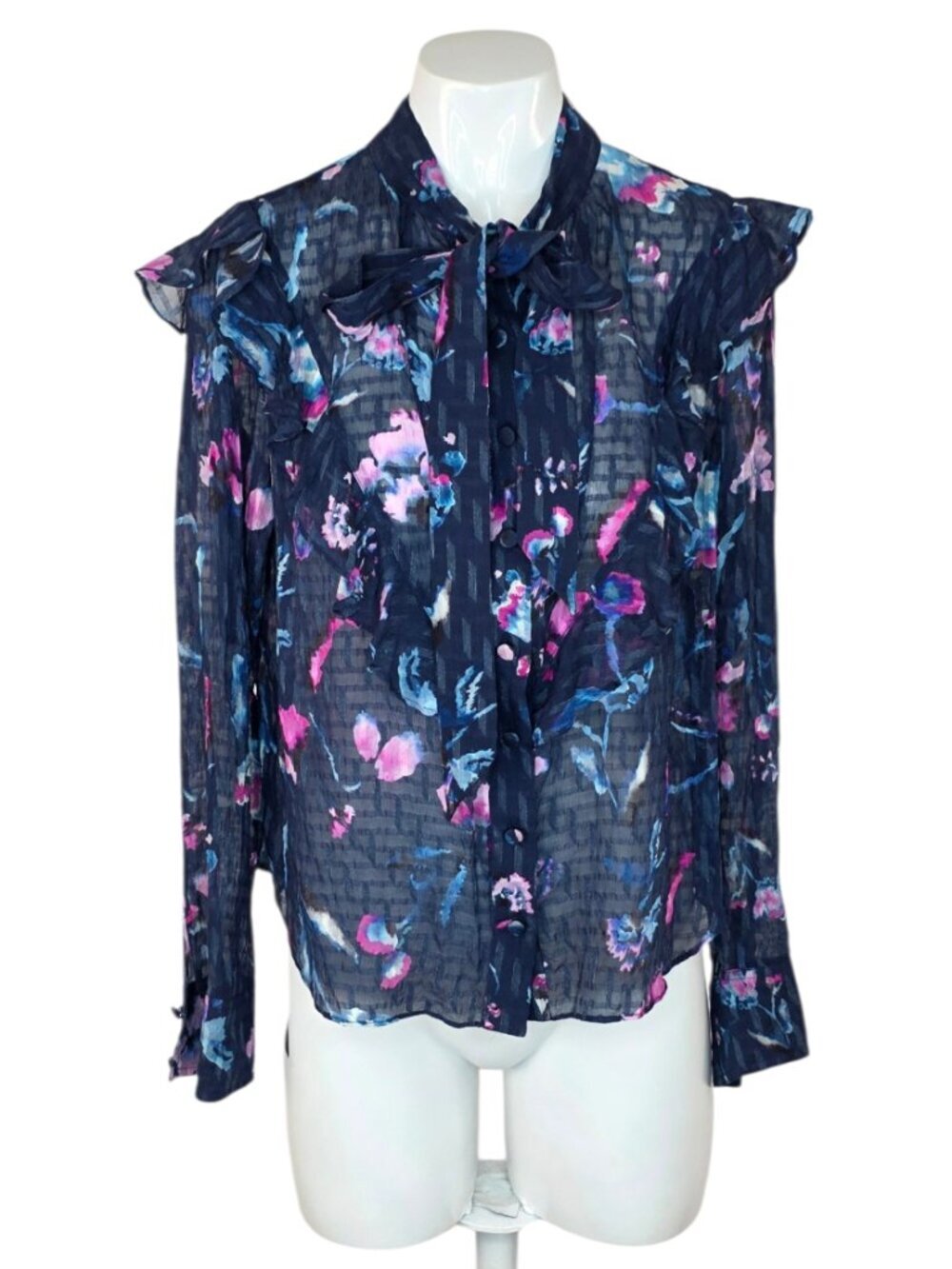 Tanya Taylor Silk Blend Tie Neck Top, Long Sleeve Sheer Blouse, Button Up Sz 2